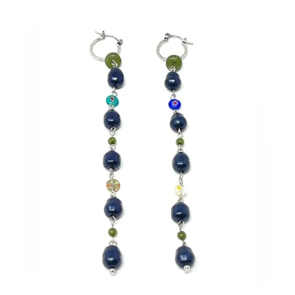 New Free People Regina Glass Bead Drop Dangle Earrings Blue Silver - Picture 1 of 4